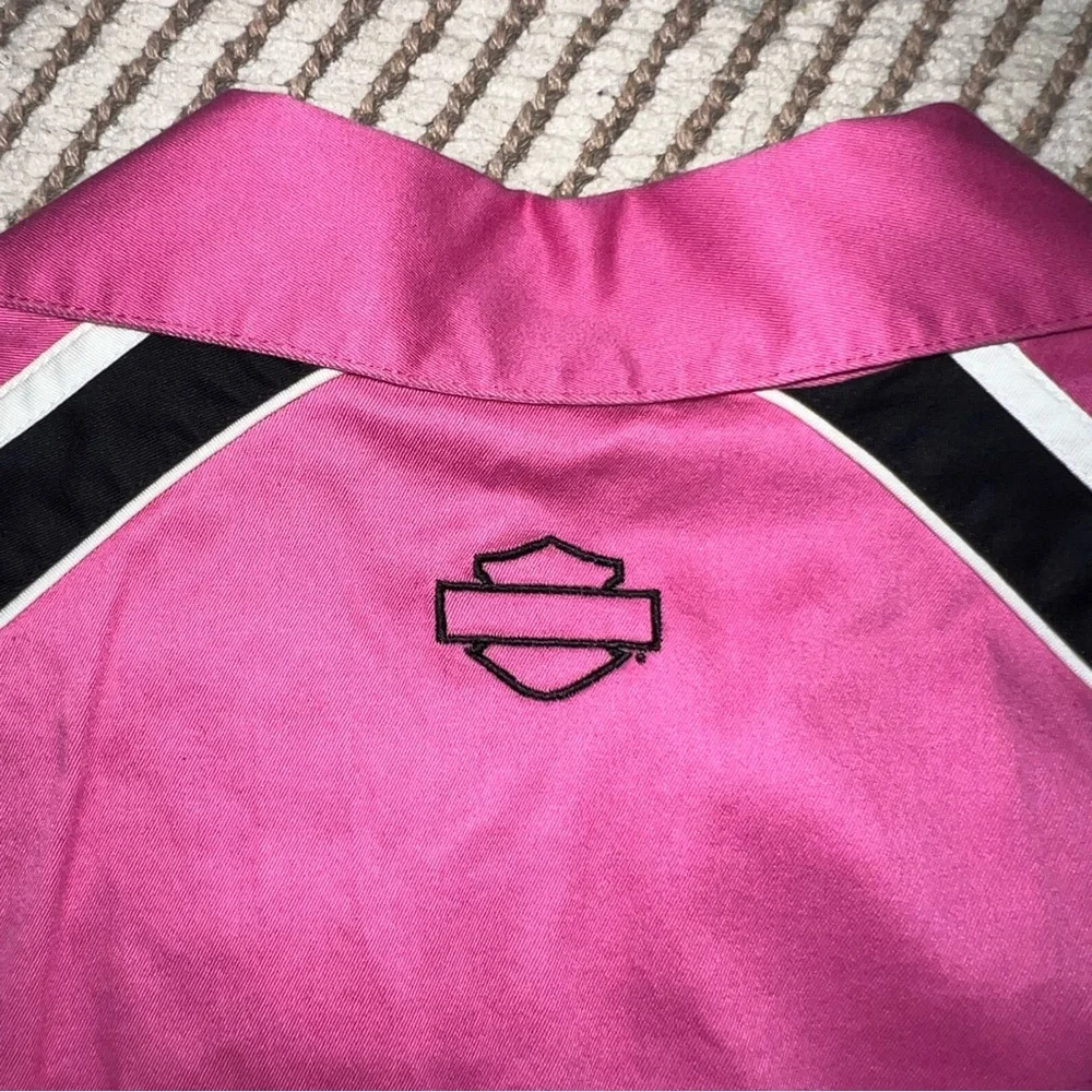 Harley-Davidson Women’s Pink Black Zip Front Mechanic Garage Shirt Size Medium - Picture 10 of 11